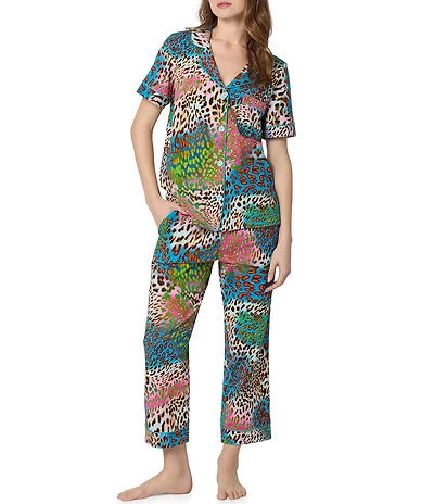 BedHead x Trina Turk Spray Leopard Print Short Sleeve Notch Collar Organic Cotton Jersey Knit Cropped Pajama Set