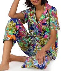 BedHead x Trina Turk Zanzibar Tropical Print Short Sleeve Notch Collar Organic Cotton Blend Knit Cropped Pajama Set
