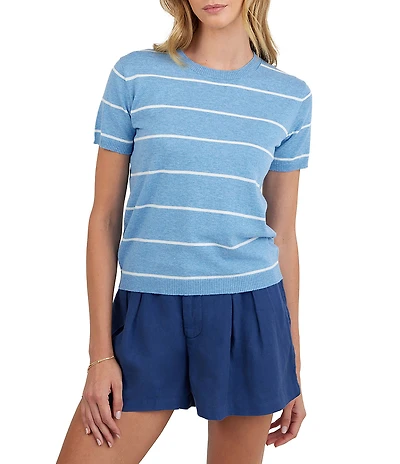 Bella Dahl Cashmere Blend Knit Striped Crew Neck Short Sleeve Top
