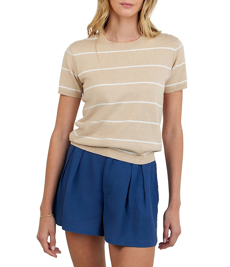 Bella Dahl Cashmere Blend Knit Striped Crew Neck Short Sleeve Top