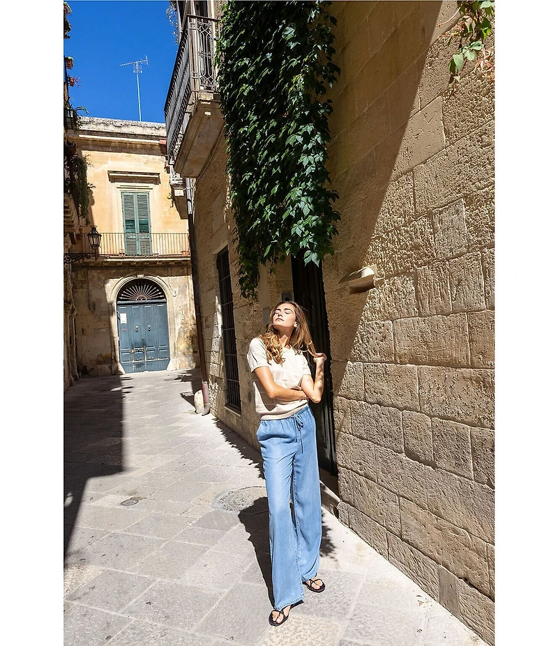 Bella Dahl Cashmere Blend Knit Striped Crew Neck Short Sleeve Top