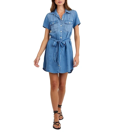 Bella Dahl Denim Collared Short Sleeve Seamed Belted Shirt Dress