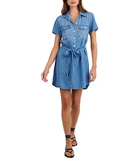 Bella Dahl Denim Collared Short Sleeve Seamed Belted Shirt Dress