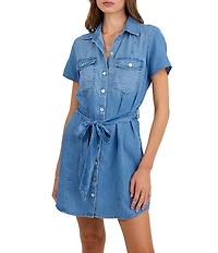 Bella Dahl Denim Collared Short Sleeve Seamed Belted Shirt Dress