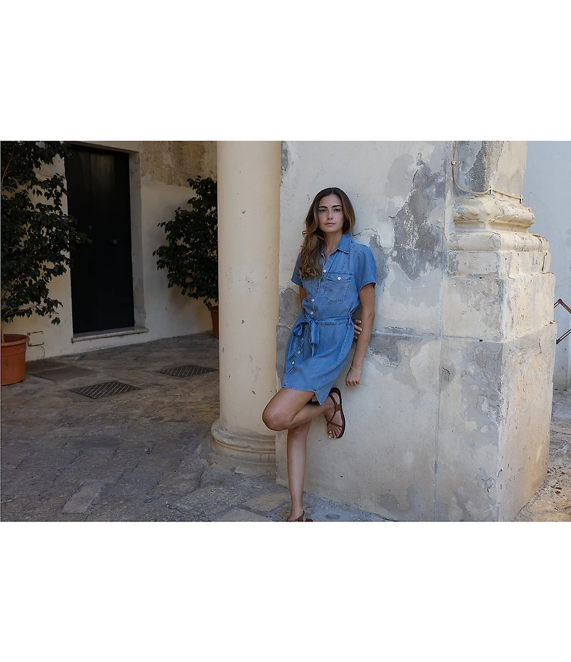 Bella Dahl Denim Collared Short Sleeve Seamed Belted Shirt Dress