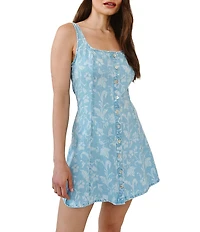 Bella Dahl Floral Print Denim Square Neck Sleeveless Button Front Shift Dress