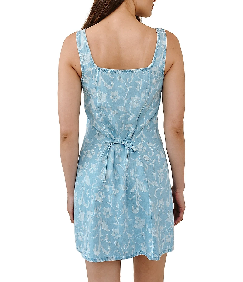 Bella Dahl Floral Print Denim Square Neck Sleeveless Button Front Shift Dress