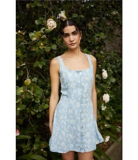 Bella Dahl Floral Print Denim Square Neck Sleeveless Button Front Shift Dress
