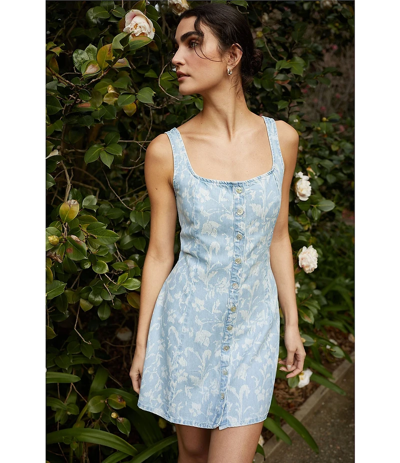 Bella Dahl Floral Print Denim Square Neck Sleeveless Button Front Shift Dress