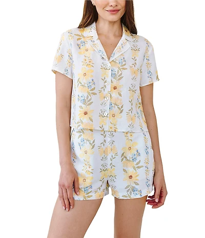 Bella Dahl Linen Blend Floral Print Notch Collar Short Sleeve Coordinating Shirt