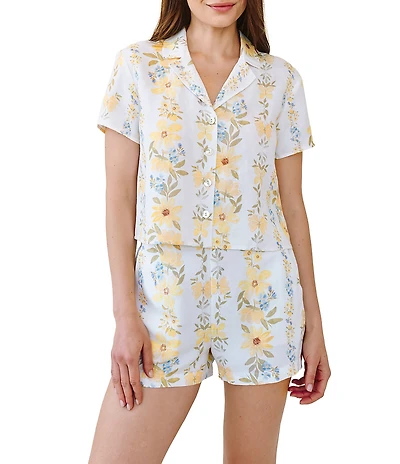 Bella Dahl Linen Blend Floral Print Notch Collar Short Sleeve Coordinating Shirt