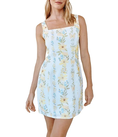 Bella Dahl Linen Blend Floral Print Square Neck Sleeveless Smocked Shift Dress