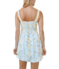 Bella Dahl Linen Blend Floral Print Square Neck Sleeveless Smocked Shift Dress