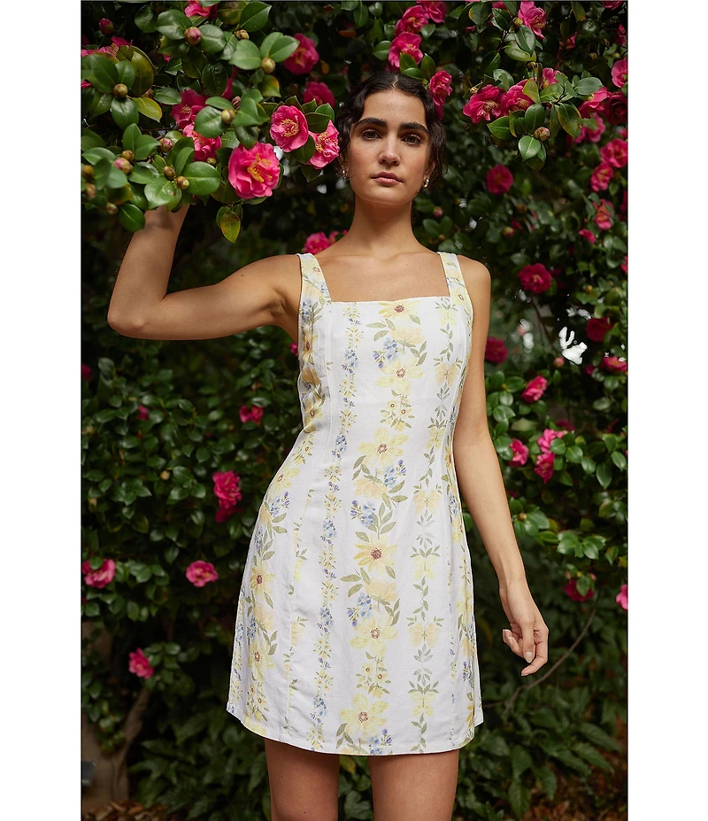 Bella Dahl Linen Blend Floral Print Square Neck Sleeveless Smocked Shift Dress
