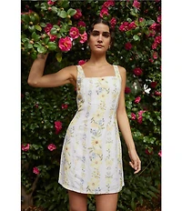Bella Dahl Linen Blend Floral Print Square Neck Sleeveless Smocked Shift Dress