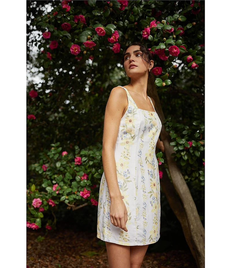Bella Dahl Linen Blend Floral Print Square Neck Sleeveless Smocked Shift Dress