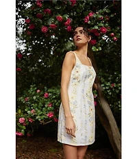 Bella Dahl Linen Blend Floral Print Square Neck Sleeveless Smocked Shift Dress