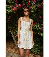 Bella Dahl Linen Blend Floral Print Square Neck Sleeveless Smocked Shift Dress