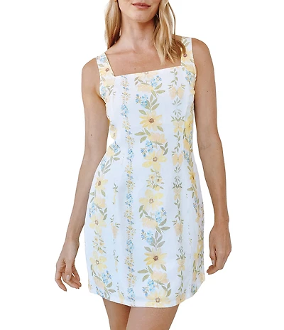 Bella Dahl Linen Blend Floral Print Square Neck Sleeveless Smocked Shift Dress