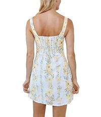 Bella Dahl Linen Blend Floral Print Square Neck Sleeveless Smocked Shift Dress