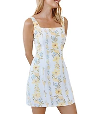 Bella Dahl Linen Blend Floral Print Square Neck Sleeveless Smocked Shift Dress