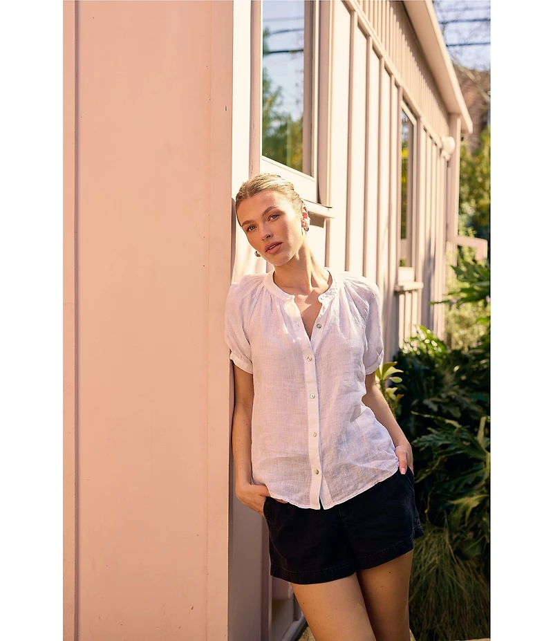 Bella Dahl Linen Mandarin Collar Short Puff Sleeve Shirt