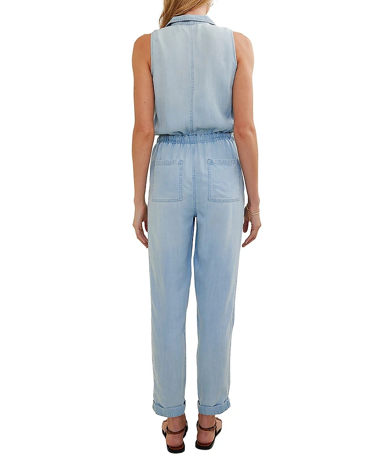 Bella Dahl Woven Denim Split V-Neck Sleeveless Button Down Jumpsuit