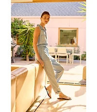 Bella Dahl Woven Denim Split V-Neck Sleeveless Button Down Jumpsuit