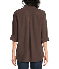 Bella Dahl Woven Point Collar Neckline 3/4 Sleeve Button Down Shirt