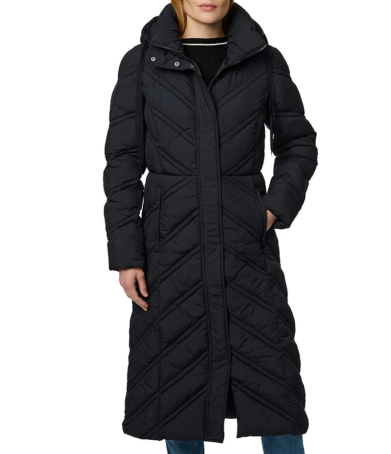 Bernardo Chevron Quilt Hooded Collar Slim Fit Front Zip Puffer Coat