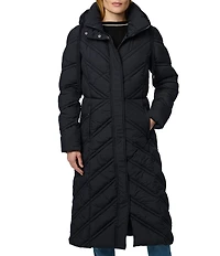 Bernardo Chevron Quilt Hooded Collar Slim Fit Front Zip Puffer Coat