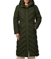 Bernardo Chevron Quilt Hooded Collar Slim Fit Front Zip Puffer Coat