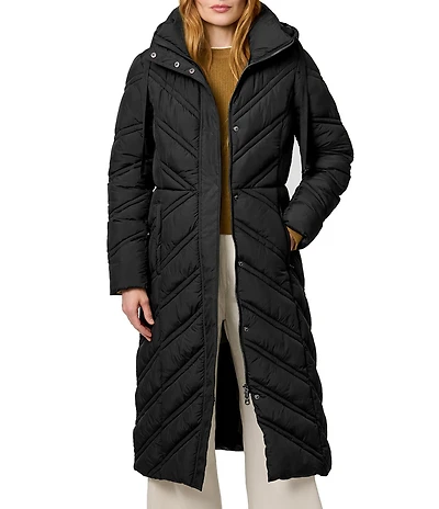 Bernardo Chevron Quilt Hooded Collar Slim Fit Front Zip Puffer Coat