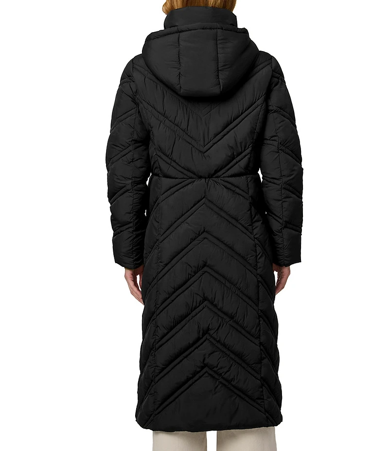 Bernardo Chevron Quilt Hooded Collar Slim Fit Front Zip Puffer Coat