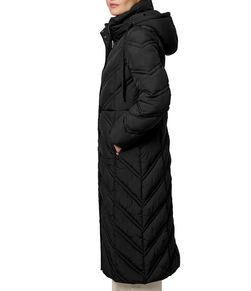 Bernardo Chevron Quilt Hooded Collar Slim Fit Front Zip Puffer Coat