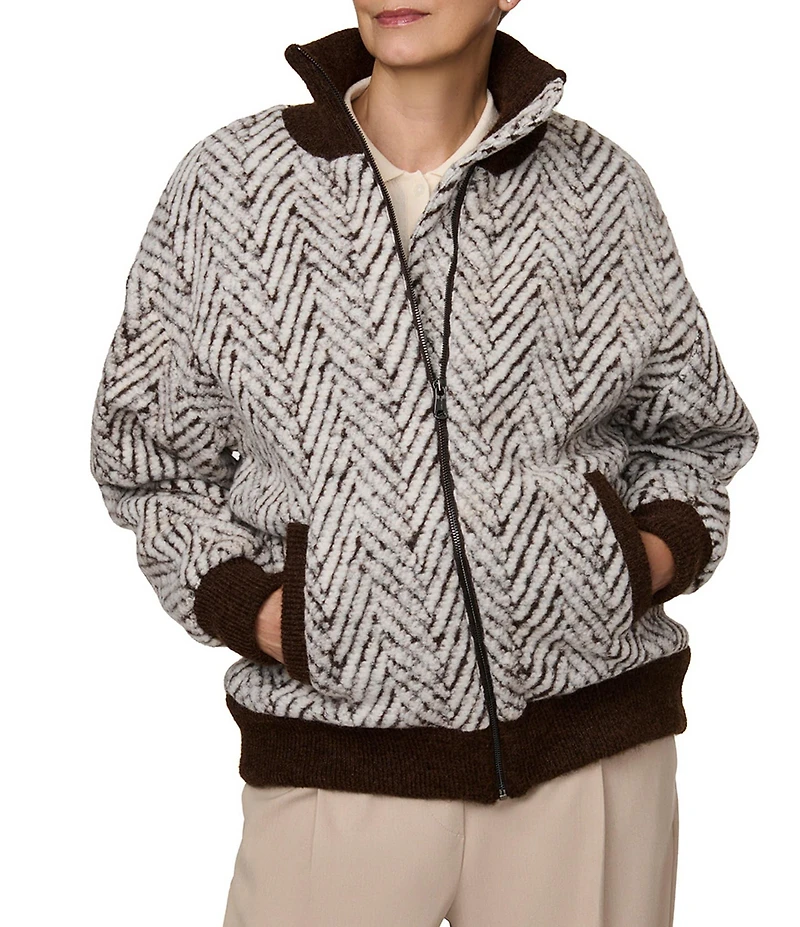 Bernardo Chevron Texture Rib-Knit Zip Front Bomber Jacket
