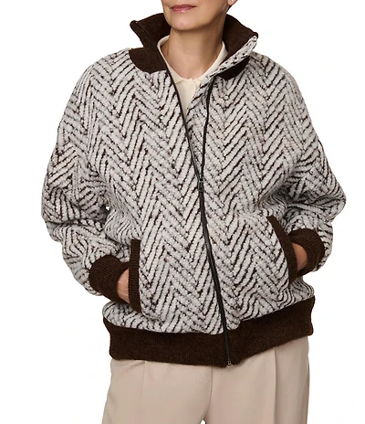Bernardo Chevron Texture Rib-Knit Zip Front Bomber Jacket