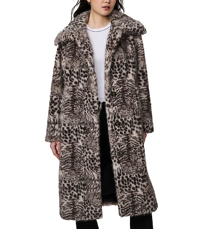 Bernardo Faux Fur Leopard Print Oversize Point Collar Single Breasted Coat