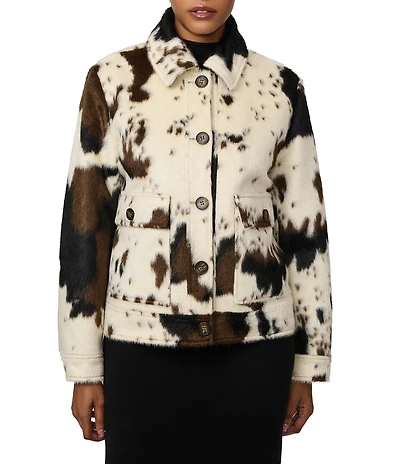 Bernardo Faux Hair Cow Print Point Collar Button Front Jacket