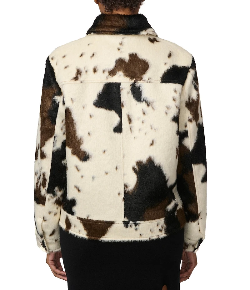 Bernardo Faux Hair Cow Print Point Collar Button Front Jacket