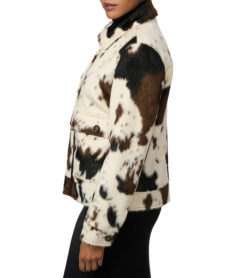 Bernardo Faux Hair Cow Print Point Collar Button Front Jacket
