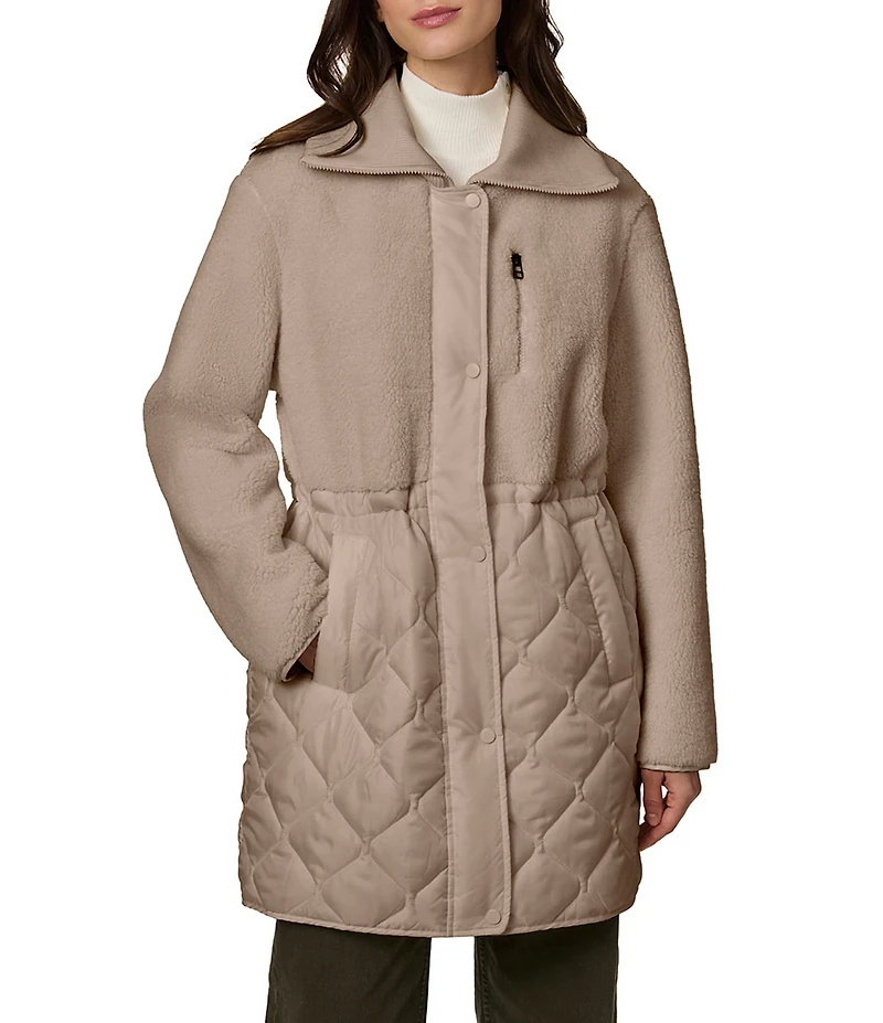 Bernardo Faux Sherpa Rib Collar Internal Drawcord Waist Zip Front Jacket