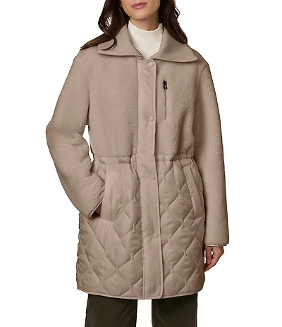 Bernardo Faux Sherpa Rib Collar Internal Drawcord Waist Zip Front Jacket