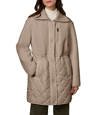 Bernardo Faux Sherpa Rib Collar Internal Drawcord Waist Zip Front Jacket