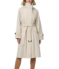 Bernardo Ladies Crinkle Stand Collar Long Flare Sleeves Belted Modern Trench