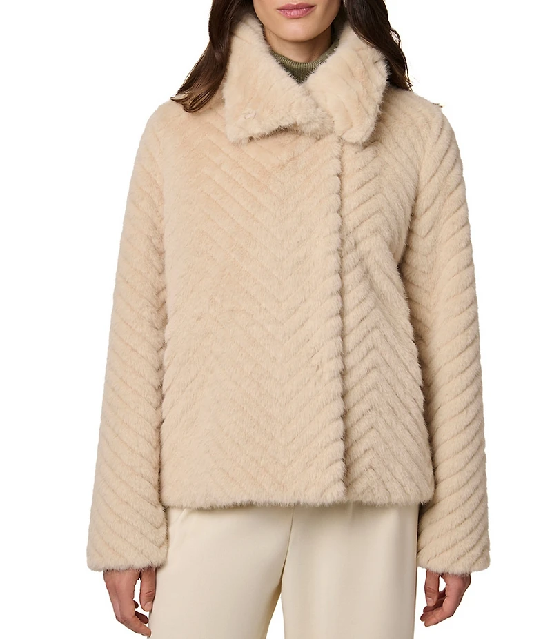 Bernardo Small Chevron Stand Collar Faux Fur Jacket