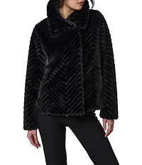 Bernardo Small Chevron Stand Collar Faux Fur Jacket