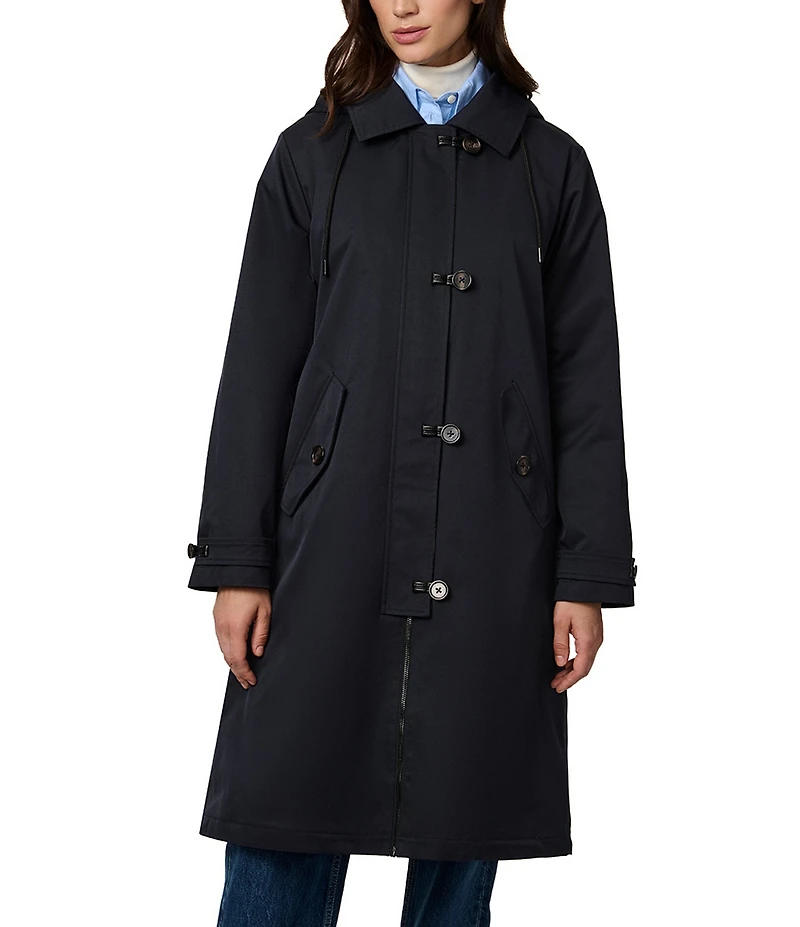 Bernardo Solid Water Resistant Hooded Shirt Collar Zip Front Long Raincoat