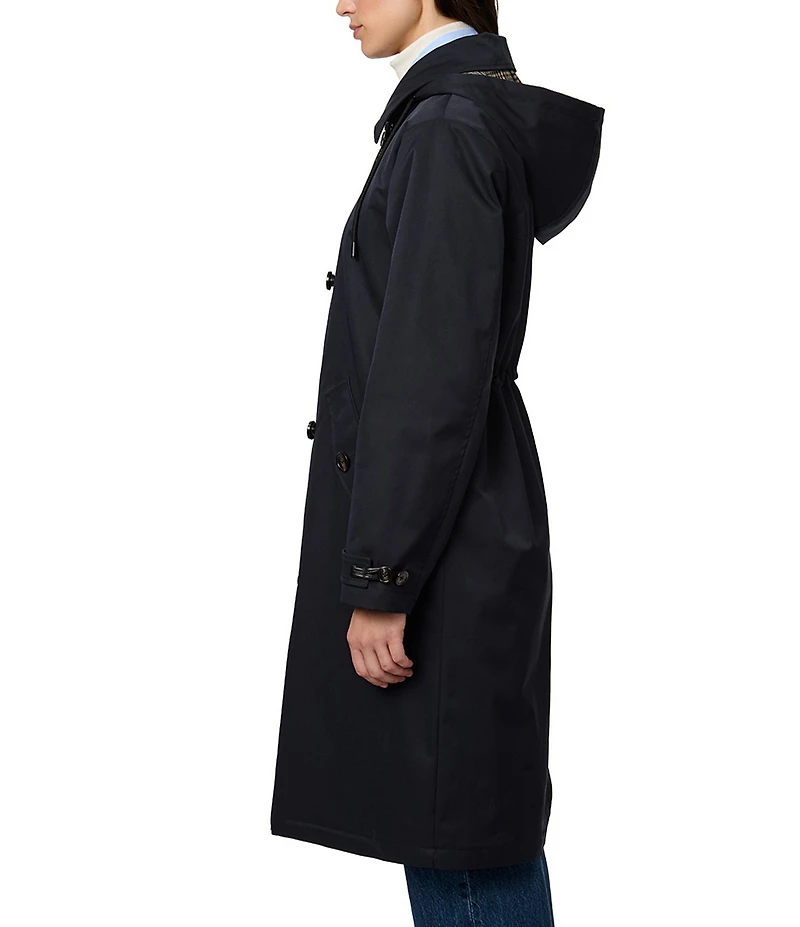 Bernardo Solid Water Resistant Hooded Shirt Collar Zip Front Long Raincoat