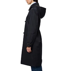 Bernardo Solid Water Resistant Hooded Shirt Collar Zip Front Long Raincoat